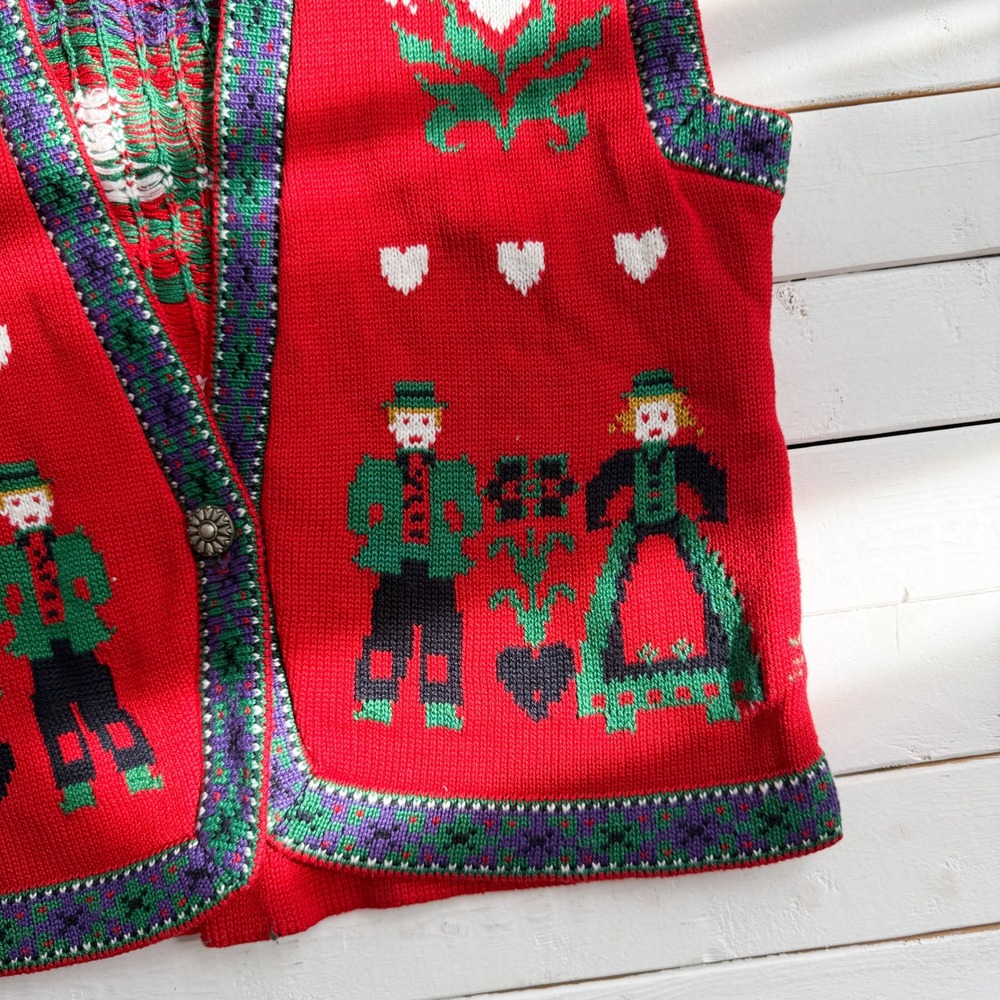 Cullinane vtg Bavarian floral red hand knit sweater vest - Picture 2 of 5